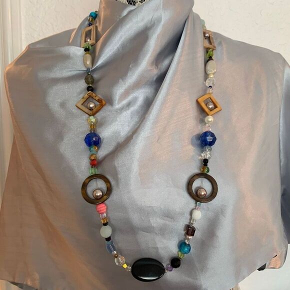 Colorful Long Beaded Statement Necklace Geometric Shapes Boho Retro Style Blue, - Picture 3 of 11